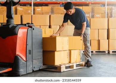Warehouse Workers Lifting Package Boxes Stack on Pallet. Cartons, Cardboard Boxes. Supply Chain, Shipment Boxes, Shipping Supplies Warehouse Logistic	
 - Powered by Shutterstock