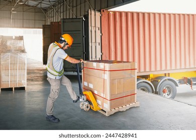 Warehouse Workers Loading a Package Pallets at Warehouse. Container Shipping. Supply Chain, Supplies Shipment, Freight Truck Logistic, Cargo Transport. - Powered by Shutterstock