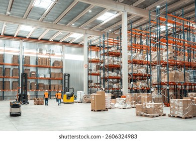 Warehouse workers are managing logistics, operating forklifts, and organizing packages on shelves in a distribution center