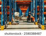 Warehouse workers are operating forklifts, transporting goods between tall shelves filled with various products, showcasing the fast paced environment of a modern distribution center