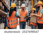 Warehouse workers in reflective vests and hard hats celebrate closing a deal, showcasing teamwork in logistics. Busy shelves highlight efficient supply chain partnership