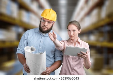 Warehouse workers teamwork in logistics