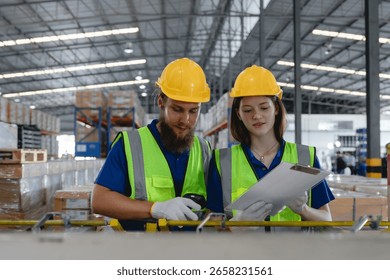 Warehouse workers using barcode scanner to manage inventory in automotive parts warehouse, focusing on accuracy and digital logistics. Auto parts logistics and transport
