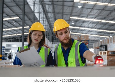 Warehouse workers using barcode scanner to manage inventory in automotive parts warehouse, focusing on accuracy and digital logistics. Auto parts logistics and transport