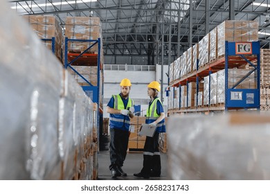 Warehouse workers using barcode scanner to manage inventory in automotive parts warehouse, focusing on accuracy and digital logistics. Auto parts logistics and transport