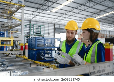 Warehouse workers using barcode scanner to manage inventory in automotive parts warehouse, focusing on accuracy and digital logistics. Auto parts logistics and transport
