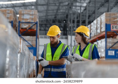 Warehouse workers using barcode scanner to manage inventory in automotive parts warehouse, focusing on accuracy and digital logistics. Auto parts logistics and transport