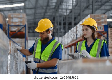 Warehouse workers using barcode scanner to manage inventory in automotive parts warehouse, focusing on accuracy and digital logistics. Auto parts logistics and transport