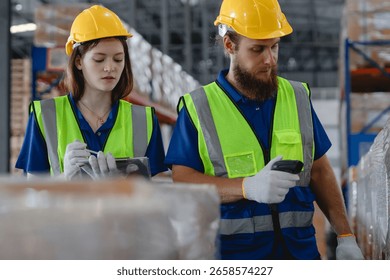 Warehouse workers using barcode scanner to manage inventory in automotive parts warehouse, focusing on accuracy and digital logistics. Auto parts logistics and transport