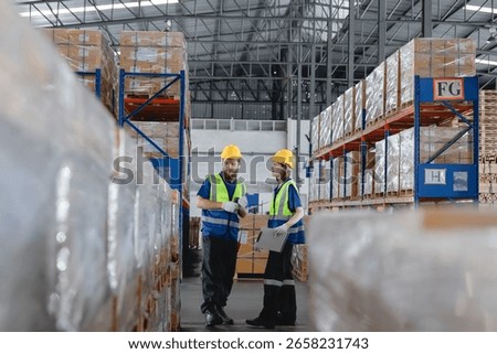 Warehouse workers using barcode scanner to manage inventory in automotive parts warehouse, focusing on accuracy and digital logistics. Auto parts logistics and transport