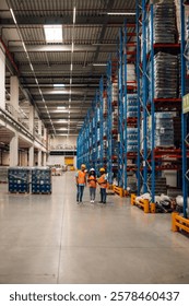 Warehouse workers are using digital tablet and discussing logistics operations while standing between tall shelves full of goods in large distribution center