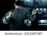 Warfare pilot using head-mounted displays VR glasses, digital device operating with robot, drone or troops of mechanical soldiers. The military