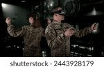 Warfare pilot using head-mounted displays VR glasses, digital device operating with robot, drone or troops of mechanical soldiers. The military
