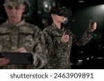 Warfare pilot using head-mounted displays VR glasses, digital device operating with robot, drone or troops of mechanical soldiers. The military