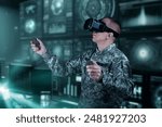 Warfare pilot using head-mounted displays VR glasses, digital device operating with robot, drone or troops of mechanical soldiers. The military