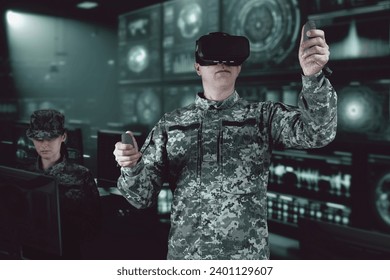 Warfare pilot using head-mounted displays VR glasses, digital device operating with robot, drone or troops of mechanical soldiers. The military's training virtual simulators, AI technology in the army - Powered by Shutterstock