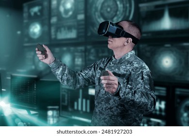 Warfare pilot using head-mounted displays VR glasses, digital device operating with robot, drone or troops of mechanical soldiers. The military's training virtual simulators, AI technology in the army - Powered by Shutterstock