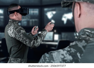 Warfare pilot using head-mounted displays VR glasses, digital device operating with robot, drone or troops of mechanical soldiers. The military's training virtual simulators, AI technology in the army - Powered by Shutterstock