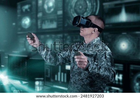 Warfare pilot using head-mounted displays VR glasses, digital device operating with robot, drone or troops of mechanical soldiers. The military's training virtual simulators, AI technology in the army