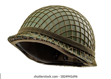 Warfare protective gear and soldier camouflage uniform concept with modern green military helmet isolated on white background with clipping path cutout using the ghost mannequin technique