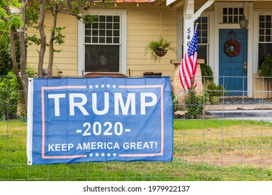 Waring, Texas, USA. April 14, 2021.  Trump 2020 Flag Outside A Home In Texas.