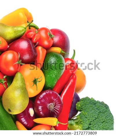 Warious vegetables and fruits isolated on white background. There is free space for text.
