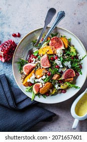 Warm Autumn Quinoa Salad With Baked Vegetables (sweet Potato, Brussels Sprouts), Figs, Feta Cheese And Pomegranate, Top View.