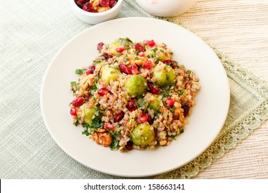 Warm Buckwheat Salad With Roasted Brussel Sprouts, Walnuts And Dried Cranberries