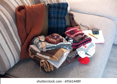 Warm Clothes In The Suitcase For Winter Travel Camera Watch The Notebook Boots . Fees To Travel