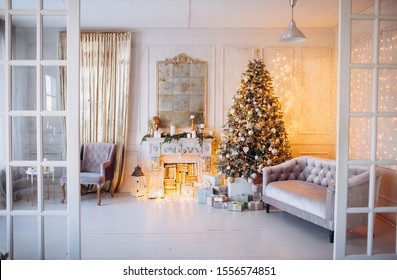 Warm Cozy Beautiful Modern Design Of The Room In Delicate Light Colors Decorated With Christmas Tree And Decorative Elements Fireplace 