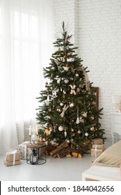 Warm Cozy Beautiful Modern Design Of The Room In Delicate Light Colors Decorated With Christmas Tree And Decorative Elements Fireplace