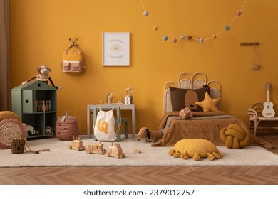 Warm and cozy child room interior with mock up poster frame, braided bed, gray desk with chair, wooden block toys, star pillow, plush dog, beige rug and personal accessories. Home decor. Template.
