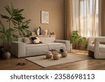 Warm and cozy composition of living room interior with mock up poster frame modular sofa, white armchair, stylish coffee table, plants, beige curtain and personal accessories. Home decor. Template. 