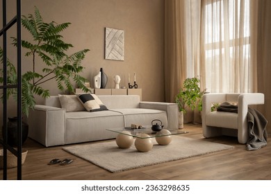 Warm and cozy composition of living room interior with mock up poster frame modular sofa, white armchair, stylish coffee table, plants, beige curtain and personal accessories. Home decor. Template. 