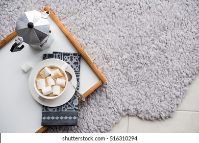 Warm Cozy Home. Tray And Cup Of Coffee With Marshmallows 