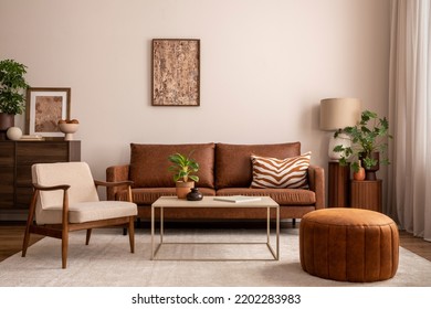 Warm and cozy interior of living room space with brown sofa, pouf, beige carpet, lamp, mock up poster frame, decoration, plant and coffee table. Cozy home decor. Template. 