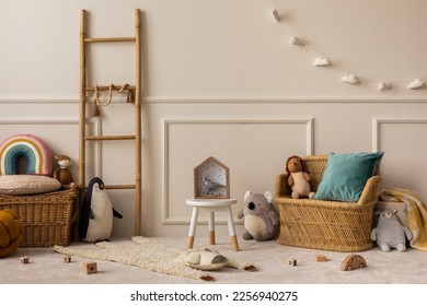 Warm and cozy kids room interior with white stool, wicker basket, colorful pillow, stylish toys, plush koala, wooden blockers, ladder, pouf, beige rug and personal accessories. Home decor. Template.
