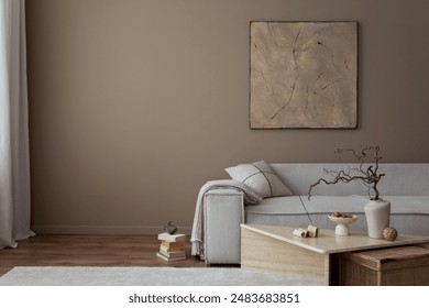 Warm and cozy living room interior with mock up poster frame, painting, beige sofa, travertine coffee table, slippers, bowl with nuts, plaid, pillow and personal accessories. Home decor. Template. - Powered by Shutterstock