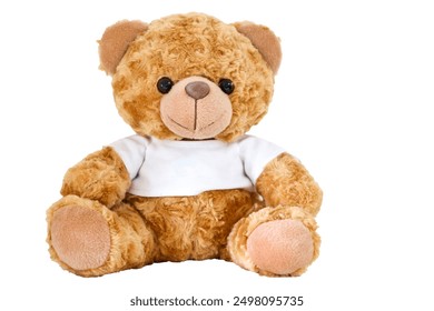 Warm cuddly brown teddy bear wearing white t-shirt sitting down, white background, room for copy space, can add text or image on t-shirt