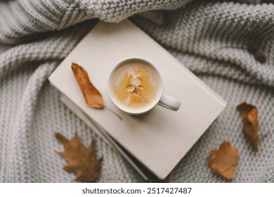 A warm cup of coffee rests on a stack of books, surrounded by soft blankets and autumn leaves, creating a tranquil atmosphere by the window. - Powered by Shutterstock