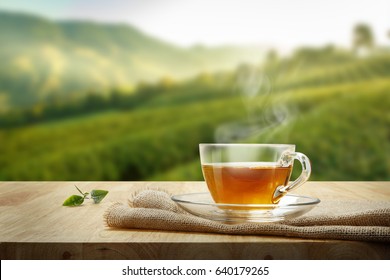 Warm Cup Of Tea And Organic Green Tea Leaves On Wooden Table With The Tea Plantations Background With Copy Space