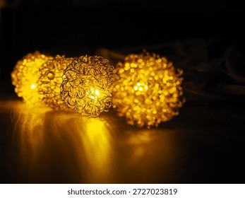 Warm decorative string lights featuring intricate wire‑mesh spheres glowing softly in a dark setting. Each image highlights a different focal point — from the front sphere to the middle and background lights 2