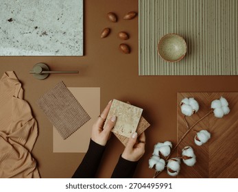 A warm, earthy-toned material board featuring natural textures, cotton flowers, and neutral surfaces, creating a soft, organic aesthetic.