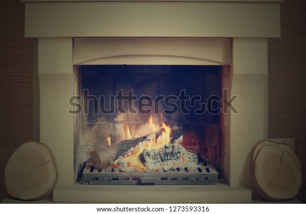 Warm Fire Stone Fireplace On Cold Stock Photo Edit Now 1273593316