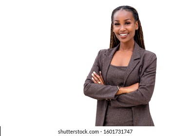 Warm, Friendly, Beautiful Cheerful African American Executive Business Woman Isolated On White Background