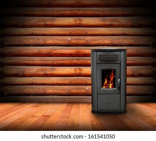 Warm Interior Of A Lodge With Wooden Finishing And Burning Stove