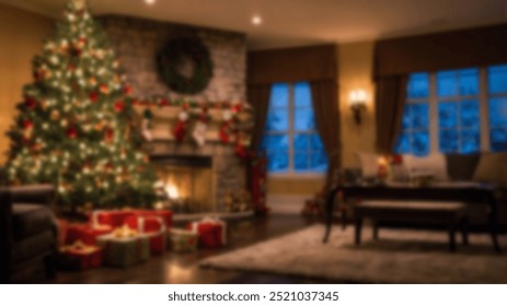 A warm and inviting Christmas living room with a glowing fireplace, stockings, and a beautifully lit tree with presents underneath. Perfect for holiday themes. - Powered by Shutterstock