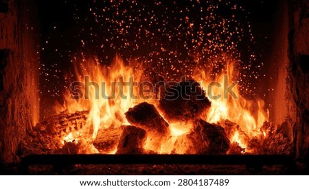 A warm and inviting fireplace with burning logs, casting a soft glow and emitting sparks.