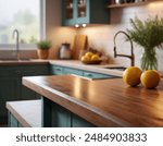 A warm and inviting kitchen with a focus on a charming central island and rustic wooden cabinetry. The background is artistically blurred, drawing attention to the cozy and welcoming atmosphere