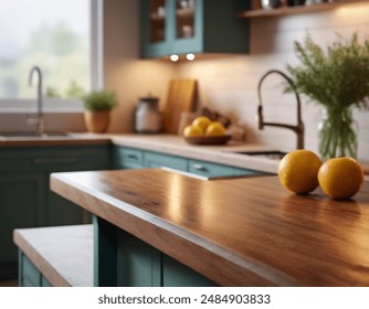 A warm and inviting kitchen with a focus on a charming central island and rustic wooden cabinetry. The background is artistically blurred, drawing attention to the cozy and welcoming atmosphere